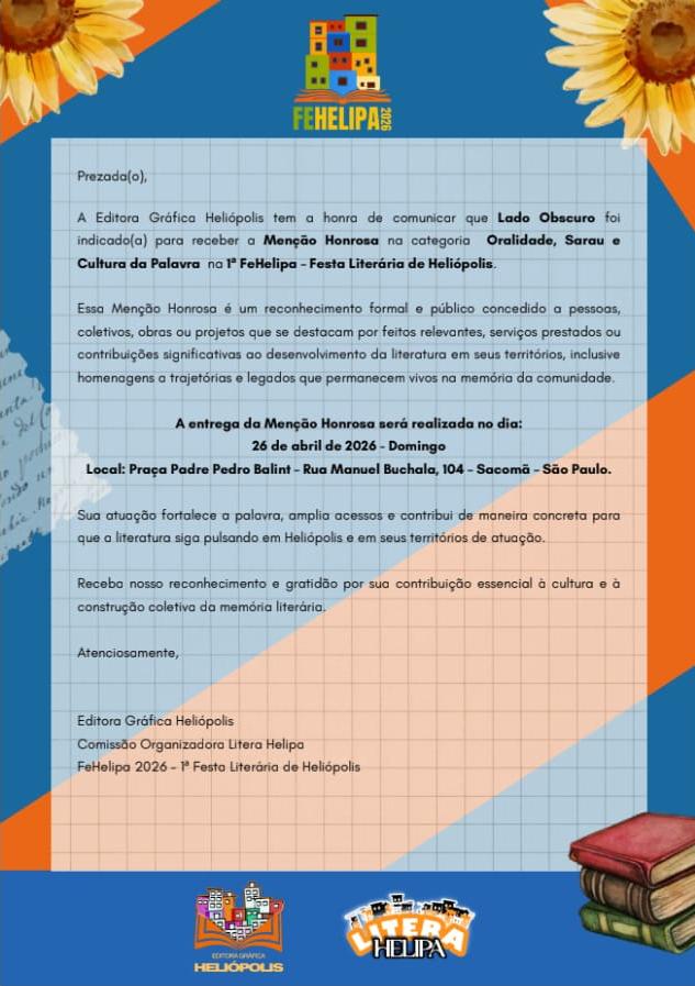 Lado Obscuro - Mensão Honrosa- 1ª Festa Literária de Heliópolis